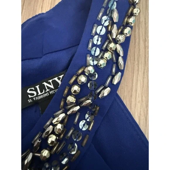 Women's SLNY Beaded Halter Neck Chiffon Dress Size 10 Royal Blue - Picture 6 of 9